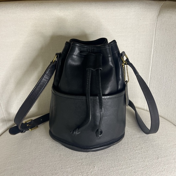 Coach Handbags - Vintage Coach  Black Leather Drawstring bucket  Bag